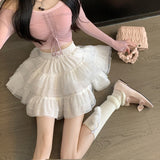 Lace Cake A-Dress Women's Summer Korean Edition 2025 New High Waist Slim White Net Canopy Half-Skin