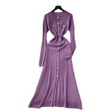 French Small Fragrant High-Grade Metal Buckle Waist Dress Women 2025 Autumn Thin Temperament Hollow Knitted Long Dress