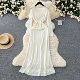 Korean Slebock Crochet Dress Women's Waist Show Thin Sleeve Skirt Inside The Bottom Sling Skirt Two Sets