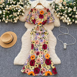 French High-End Elegant Heavy Industry Flower Embroidery Round Collar Lantern Sleeves To Close The Waist Slim Slimmed Fishtail Dress Dress