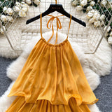 Yellow Dress Women 2025 Summer French Atmosphere With A Sense Of Hanging Neck Sling Lotus Side Splicing Cake Holiday Skirt