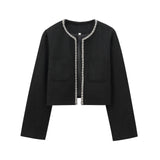 2025 Spring Long Sleeve Water Drill Decoration Short Rough Spinning Ring Velvet Jacket Mini Skirt Suit Woman