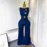 Temperament Design Sense Metal Buckle Round-Neck Sleeveless Vest + High-Waist Broad-Legged Trousers Denim Set Of Women