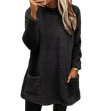 2025 Women's Autumn And Winter New Long-Sleeved Round-Neck Casual Loose Plush Wear Pocket Top Woman