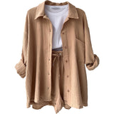 2025 Women's Wrinkle Collar Long-Sleeved Shirt High-Waisted Rope Shorts Fashion Casual Two-Piece Set
