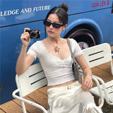 2025 Summer Fashion Trend Women's New Short-Sleeved V-Neck Lace Lace-Up T-Shirt