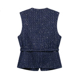 Belt And Beads Coarse Spinning Vest 2025 Spring Temperament Metal Buttonless Sleeveless Round Collar Body Jacket Woman