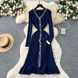 High-Level Small-Sized Famous Woman Hit The Color V-Neck Long Sleeve Single Buckle Waist Knitted Dress Women With Fish Tail
