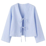 Lattice Temperament V-Neck Women's Clothing New Fashion Pure Color Loose Long-Sleeved T-Shirt Top
