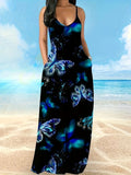 Fashion New Summer Dress Female Butterfly Print V-Necked Long Dress