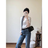 2025 Summer French White Lace Stitching Design Shirt Women Commuting Micro-Rave Jeans Two-Piece Set
