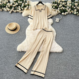 Korean Version Of Retro Fashion Collar Collar Short-Sleeved Knitting Top + High-Waisted Casual Broad-Legged Trousers 2025 Summer Set