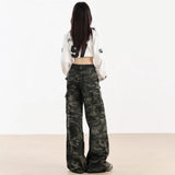 High Street Wide-Legged Camouflage Workwear Jeans Women Autumn New High-Rise Thin Loose Straight Trousers