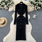 French Small Fragrant Style High-Level Sense V-Neck Metal Buckle Waist Knitted Dress Women Autumn Body Fork Long Dress