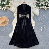 French Light Luxury Famous Woman High-End Sense V Collar Long Sleeve Strap To Close The Waist Velvet Dress Women Autumn And Winter Lanky Dress