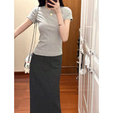 Simple Casual Gray Shoulder Short Sleeve Two Sets Of Summer New High-End Long Skirt Temperament Wear