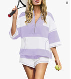 2025 Spring And Summer New Women's Striped Half-Sleeved Oversized Shorts Casual Sportswear Two Sets