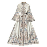 Spring Dress New Retro Print Collar Collar Horn Sleeve Dress Women's Single Buckle Large Irregularly Folded Long Skirt