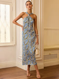 2025 New Women's Holiday Style Hanging Neck Sling Skirt French Temperament Print Dress