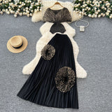 Three-House Folded Two Sets Of Women's Waist Repair Short Sleeve Pressure Folded Blouse Flowers High Waist 100 Folds Skirt