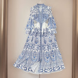 Spring And Autumn Retro Court Style Lotus Leaf Side V-Neck Single Buckle Lantern Sleeves To Close The Waist A Word Print Dress Woman