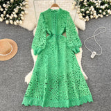 Advanced Sense Of Elegant Lace Dress 2025 New Hollow Hooks Waist Lantern Sleeves Waist Waist Dress Dress