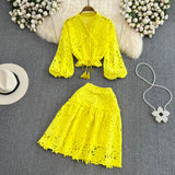 Vintage Temperament V-Neck Hollow Embroidered Lantern Sleeve Short Shirt Women Two Sets Hit High Waist Thin Word Half Skirt