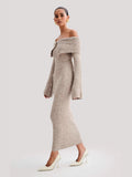 New Women's Elegant Style Fashion Collared Shoulder Dress Knitted Long Dress