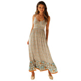 2025 Summer New Large Swing Skirt Women's Bohemian V Tie Sling Broken Floral Dress