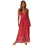 2025 Summer New Large Swing Skirt Women's Bohemian V Tie Sling Broken Floral Dress