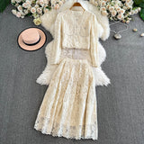 Exquisite Two Sets Of Femininity Famous Lady Light Luxury Thin Lace Embroidery Nail Studded Dress Skirt 0415