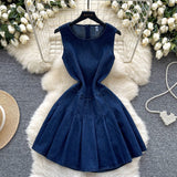 High-End Small Fashion Sleeker-Less Round-Necked Denim Dress Women's Summer Waists Thin Temperament 100-Folded Vest Dress