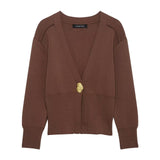 Simple Temperament Metal Button Knitted Cardigan 2025 Spring Long Sleeve V Collar Short Coat Woman