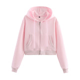 Women's Casual Sports Suit Spring Big Pocket Hooded Long Sleeve Zipper Repair Short-Sized Tidaught Rope Waist