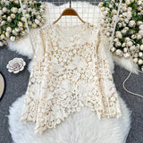 Irregular Cut-Cut Pattern Round-Neck Long-Sleeved Lace Women's Shirt 2025 Summer High-End Elegant Outerwear