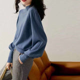European Goods In The Ocean With Half-High Collar Knitted Women 2025 Autumn New Lantern Sleeve Cashmere Bottom Sweater Commute