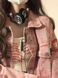 Vintage Spliced Denim Jacket Girl Spring And Autumn Loose Design Sense Small Casual Pink Workwear Top