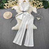 High-Grade Gray West Assembly V-Neck Double Buckle Vest Sleeveless Waist Blouse + High Waist-High-Scretch Broad-Legged Trousers Two