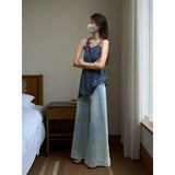 Vintage Blue Floral Sling Skirt Top Woman 2025 Summer Design Sense Niche Wearing Broad-Legged Pants Two Sets