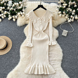 Autumn New Retro Bumpy Dolls To Receive Waist Knitted Dress Female Elastic Temperament Lotus Leafy Dress