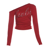 2025 Winter Fashion Trend Women's New Personality Hottie Slant Shoulder Repair Letter Hot Umbilical Umbilical Clad Tops