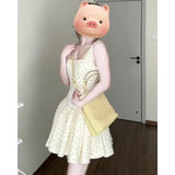 Korean Gentle Temperament Red Knitted Shirt Coat Wave Dot Square Tie Dress Women's Spring And Summer New Set