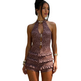 2025 Summer New Women's Sexy Hottie Fashion Hanging Back Hollow Short Jumpsuit
