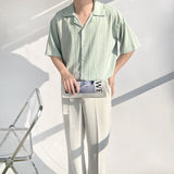 Fashion Cuban Collar Vertical Texture Design Feeling Men's Half-Sleeved Shirt Loose High-End Fall Leisure Summer