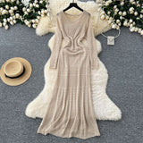 Korean Slebock Crochet Dress Women's Waist Show Thin Sleeve Skirt Inside The Bottom Sling Skirt Two Sets