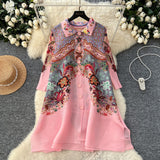 Three-House Folded Dress Women's Autumn 2025 Retro Collar Long Sleeves Loose A-Word Printing Skirt