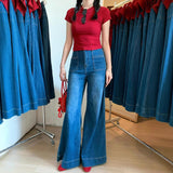 Vintage Blue Hanging Horn Jeans Women Spring And Autumn Small High-Waisted Loose Broad Legs Long Trousers