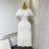 Summer New Elegant Round Neck Nails Hollow Slimming Temperament Short-Sleeved Knitted Dress Woman