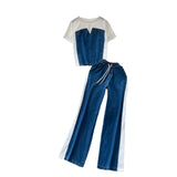 Chic Hong Kong-Flavored Suit Female Design Sense Short-Sleeved T-Shirt Spliced Denim Jacket + High-Waisted Casual Straight Pants Two-Sleeve