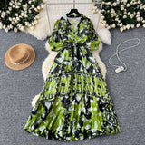 2025 Summer Dress New Niche Light Familiar Wind V To Receive Waist Thin Temperament French Pressure Folding Printing Chiffon Dress